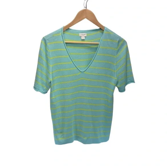 J.Crew Linen Blend Striped Sweater Top Sz M Green Yellow V-Neck Short Sleeve - Picture 1 of 9